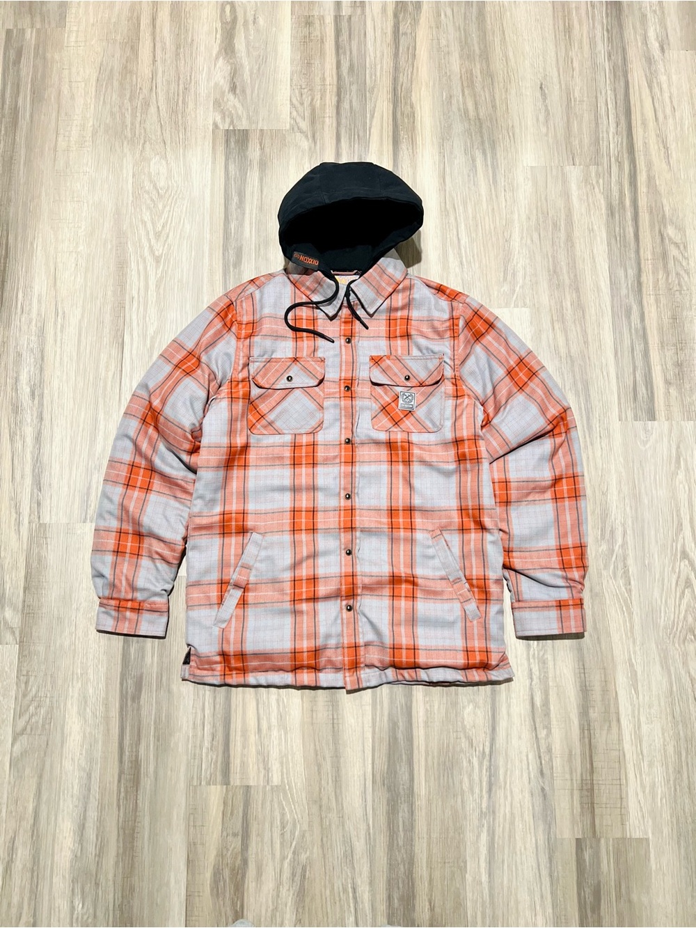 DIXXON Orange and Gray Plaid Hooded Shirt Jacket
